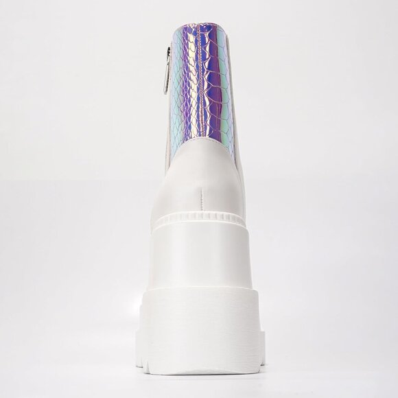 Women's White Chunky Block Heels Pointed Toe Leather Buckle Strap Retro Boots - Picture 6 of 9